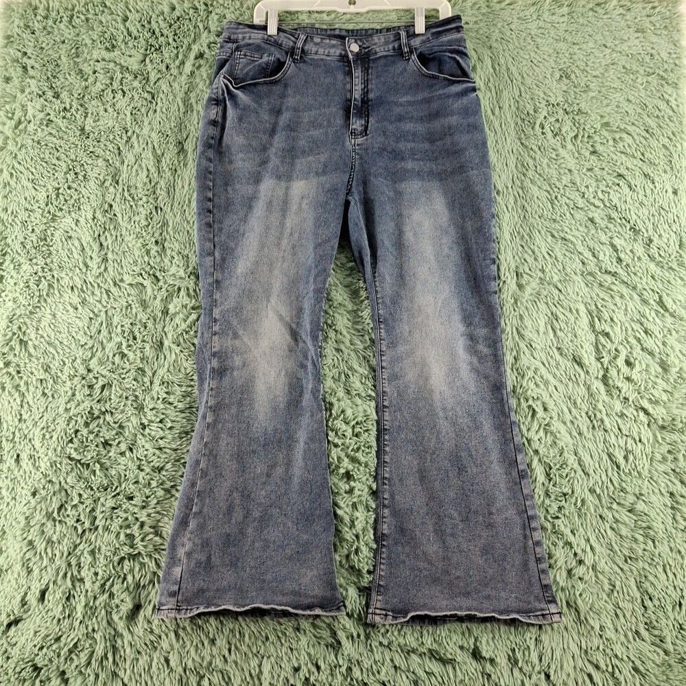 Romwe 2xl Jeans Flare Wide Leg Womens Blue Stretch Embroidered Pockets